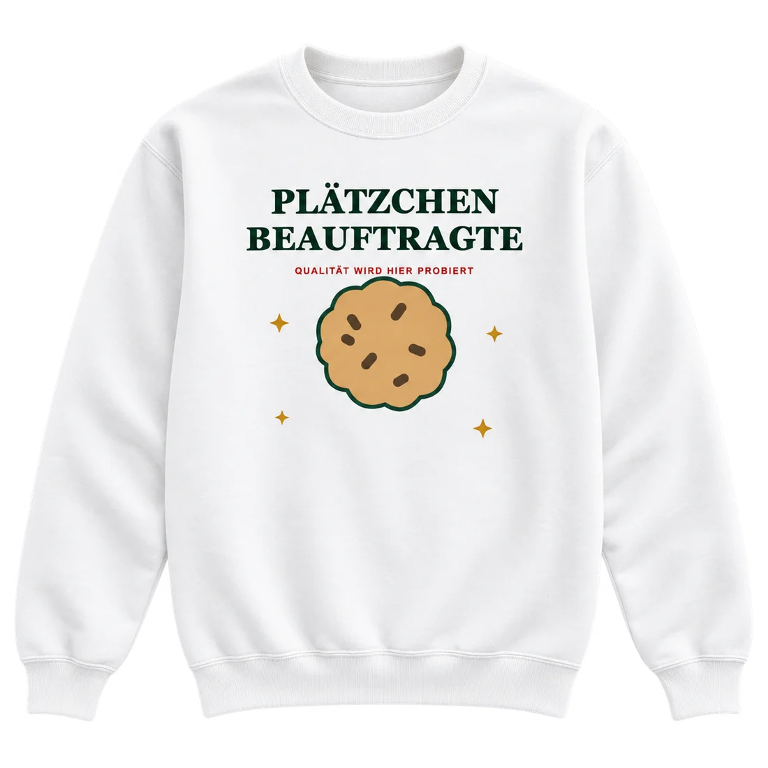 Weißer Unisex-Pullover: Keks und Schriftzug Plätzchenbeauftragte
