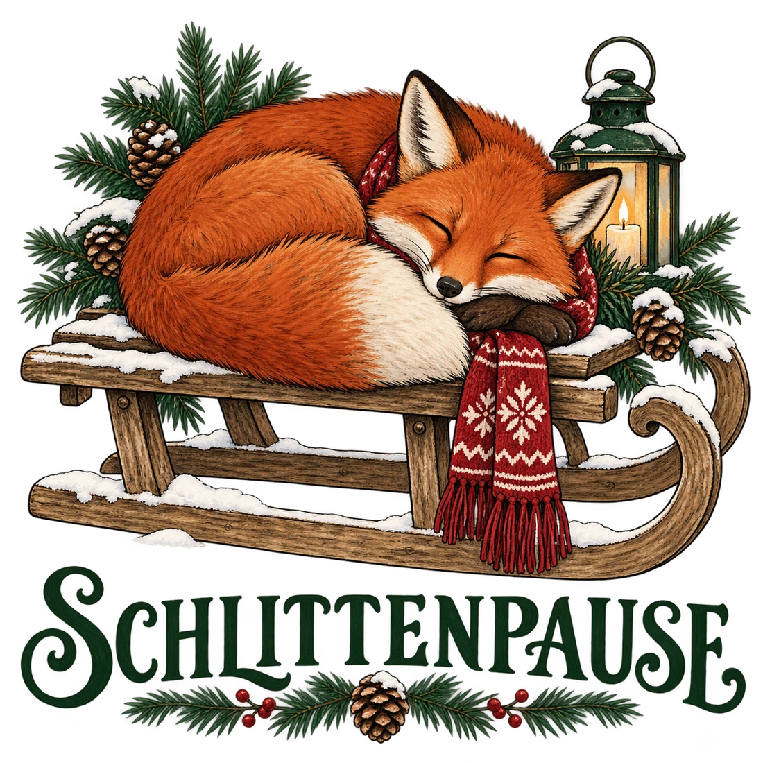 Schlafender Fuchs auf Holzschlitten mit Schlittenpause