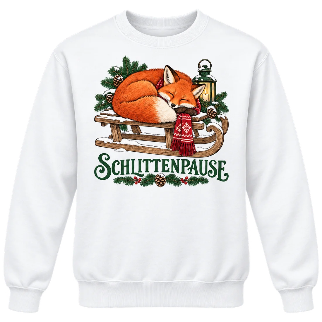 Weißer Unisex-Pullover: Schlafender Fuchs auf Holzschlitten mit Schlittenpause