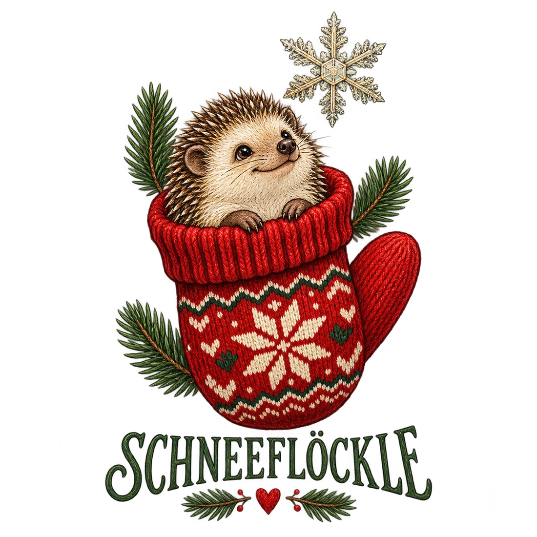 Igel im roten Fäustling und Schneeflöckle