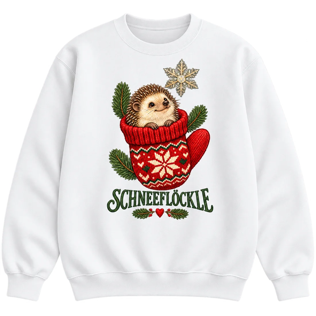 Weißer Unisex-Pullover: Igel im roten Fäustling und Schneeflöckle