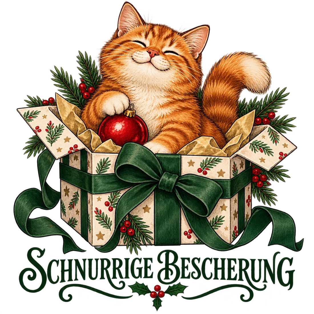 Rote Katze im Geschenkpaket mit Schnurrige Bescherung