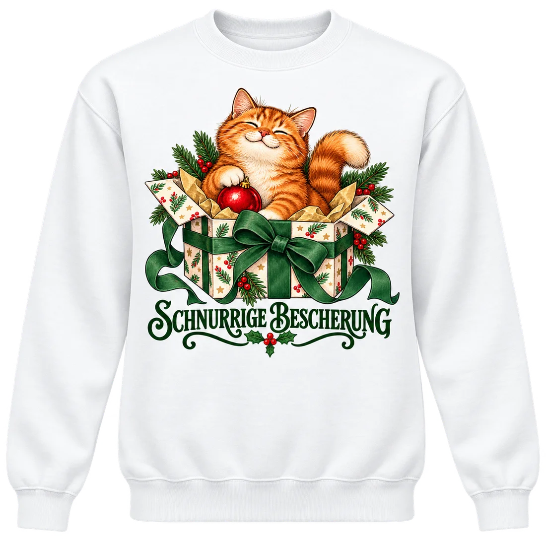 Weißer Unisex-Pullover: Rote Katze im Geschenkpaket mit Schnurrige Bescherung