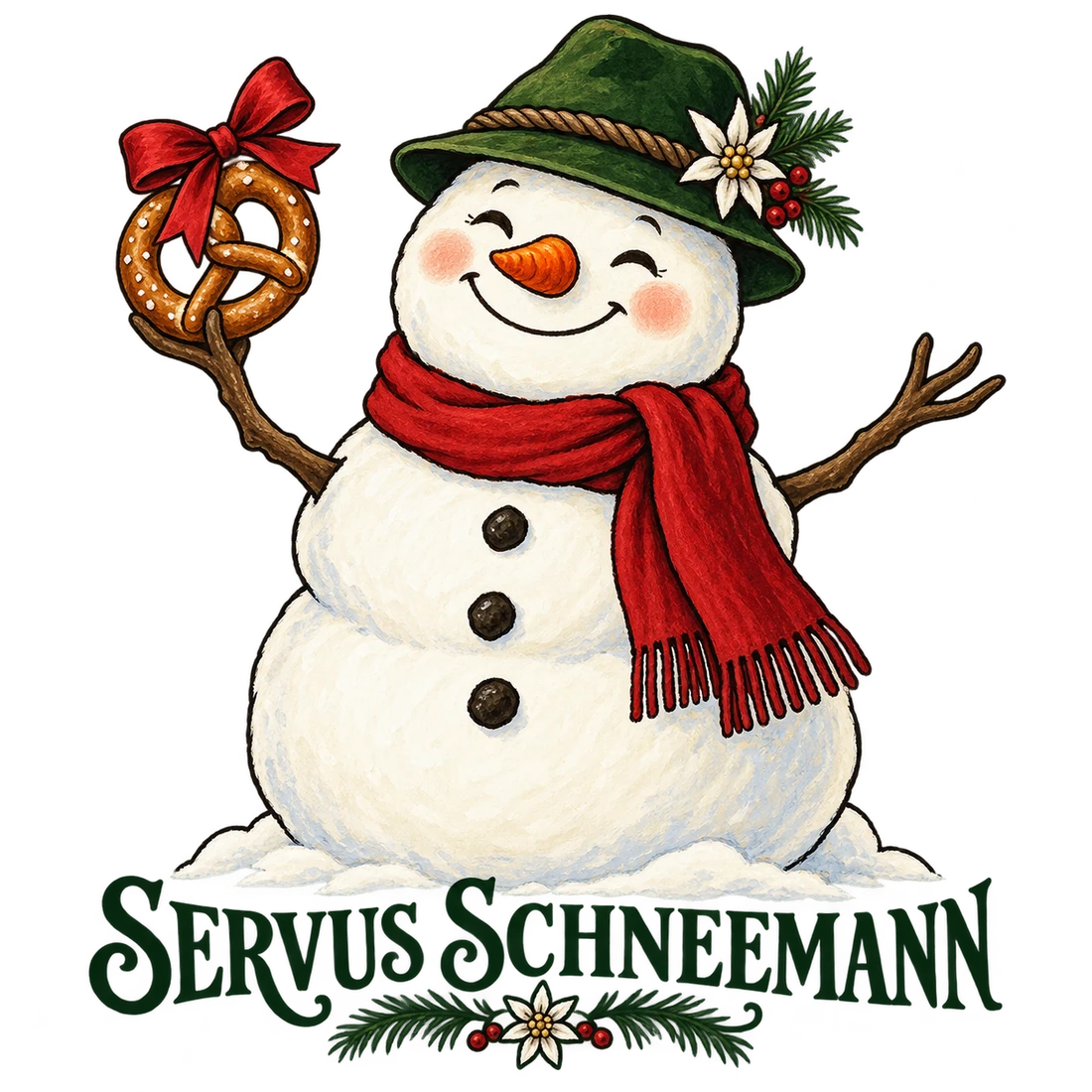 Schneemann mit grünem Hut und Brezel mit Servus Schneemann
