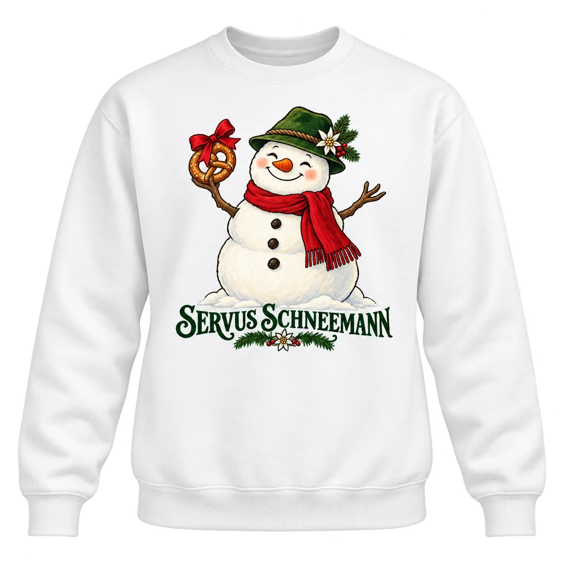 Weißer Unisex-Pullover: Schneemann mit grünem Hut und Brezel mit Servus Schneemann