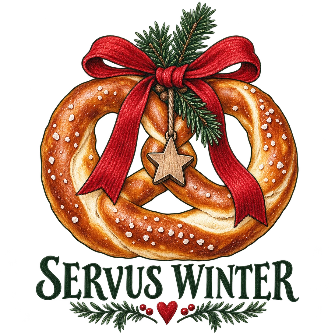 Brezel mit roter Schleife und Servus Winter