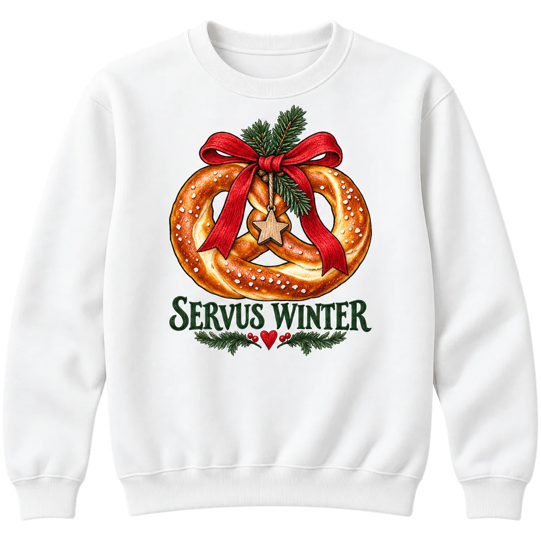 Weißer Unisex-Pullover: Brezel mit roter Schleife und Servus Winter