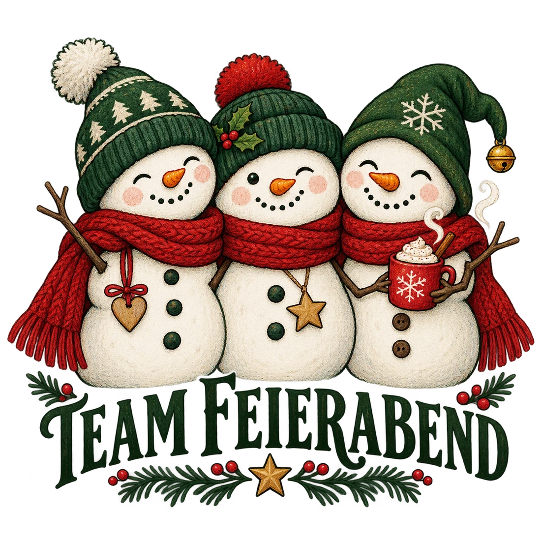 Drei Schneemänner im gemeinsamen Schal und Team Feierabend