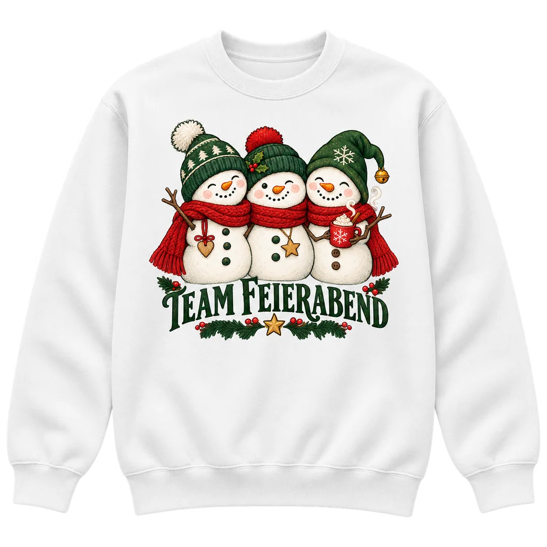 Weißer Unisex-Pullover: Drei Schneemänner im gemeinsamen Schal und Team Feierabend