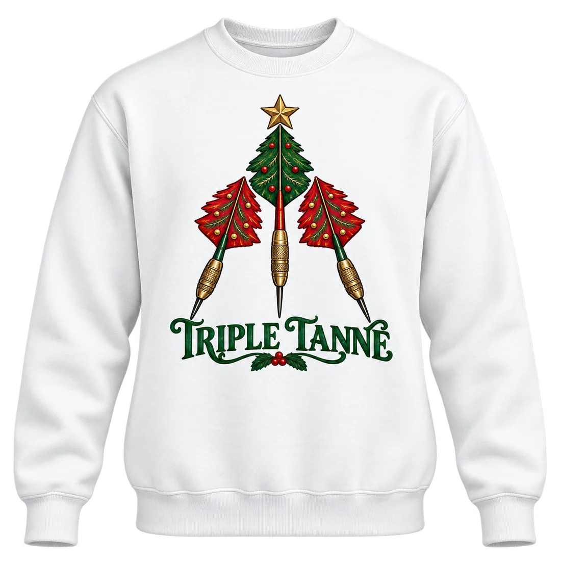 Weißer Unisex-Pullover: Drei Dartpfeile als Tannenbaum mit Triple Tanne