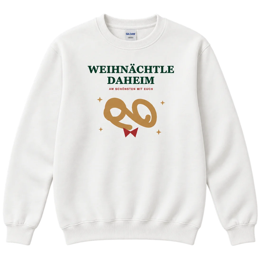 Weißer Unisex-Pullover: Brezel mit Schleife und Weihnächtle daheim