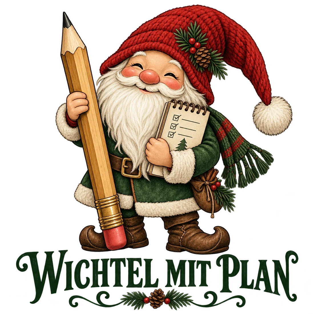 Wichtel mit Bleistift und Notizbuch mit Wichtel mit Plan