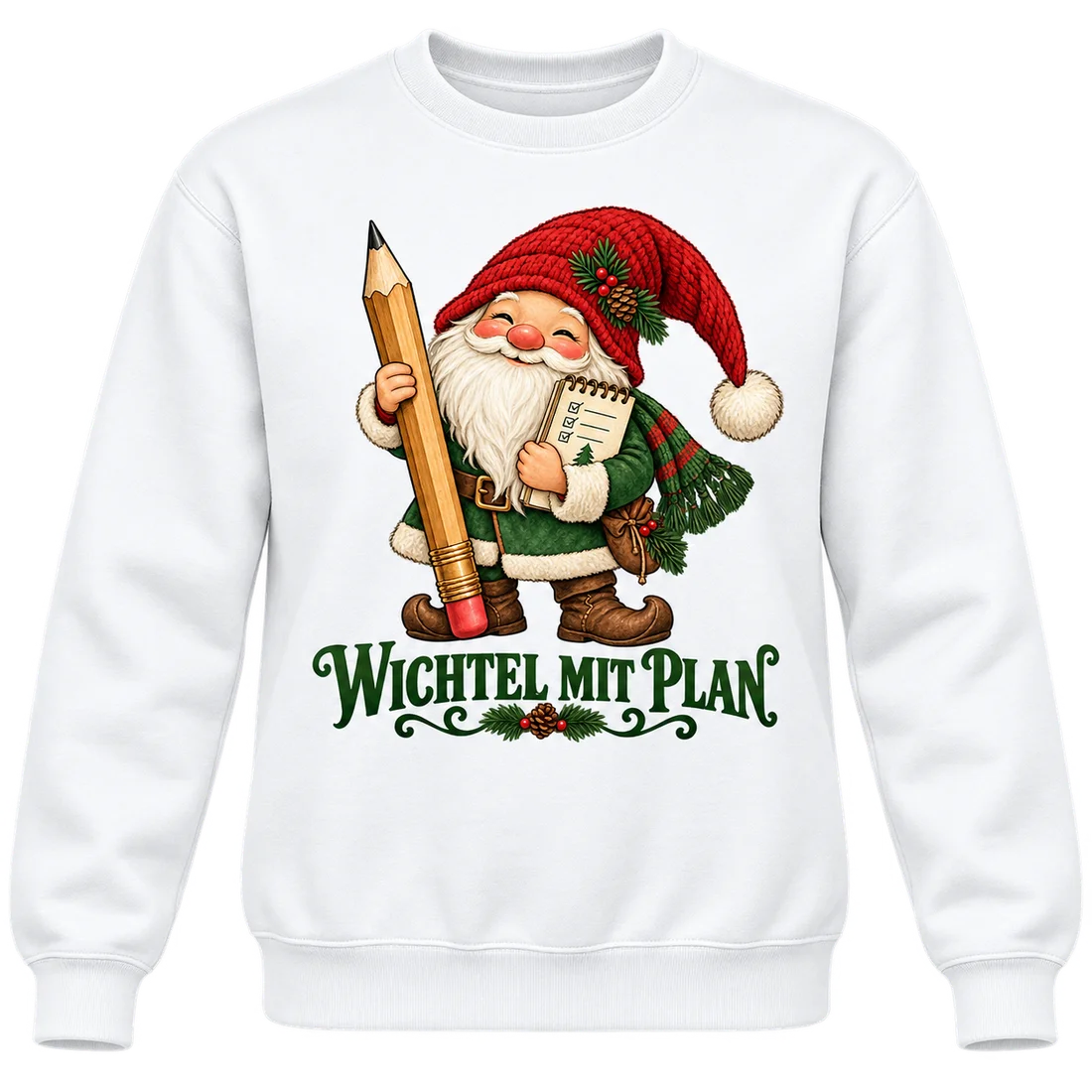 Weißer Unisex-Pullover: Wichtel mit Bleistift und Notizbuch mit Wichtel mit Plan