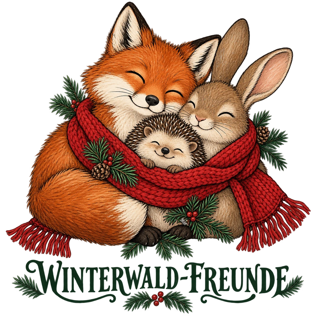 Fuchs Hase und Igel im roten Schal mit Winterwald-Freunde