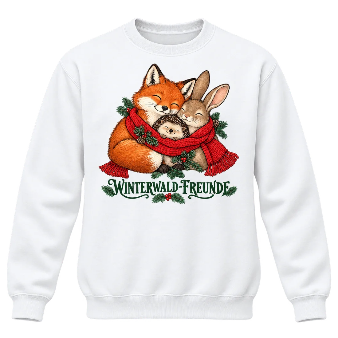 Weißer Unisex-Pullover: Fuchs Hase und Igel im roten Schal mit Winterwald-Freunde