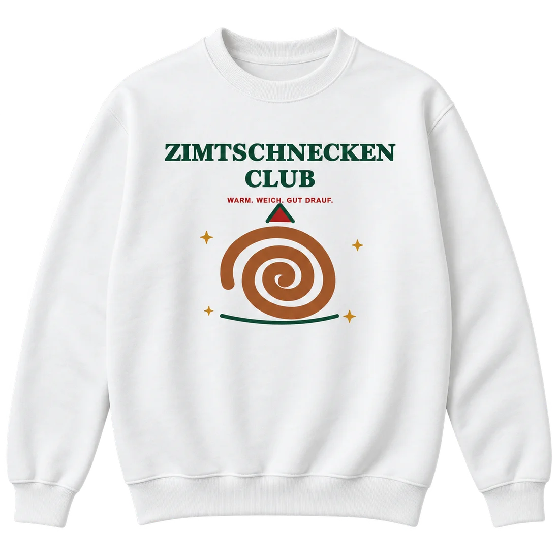 Weißer Unisex-Pullover: Zimtschnecke und Schriftzug Zimtschneckenclub