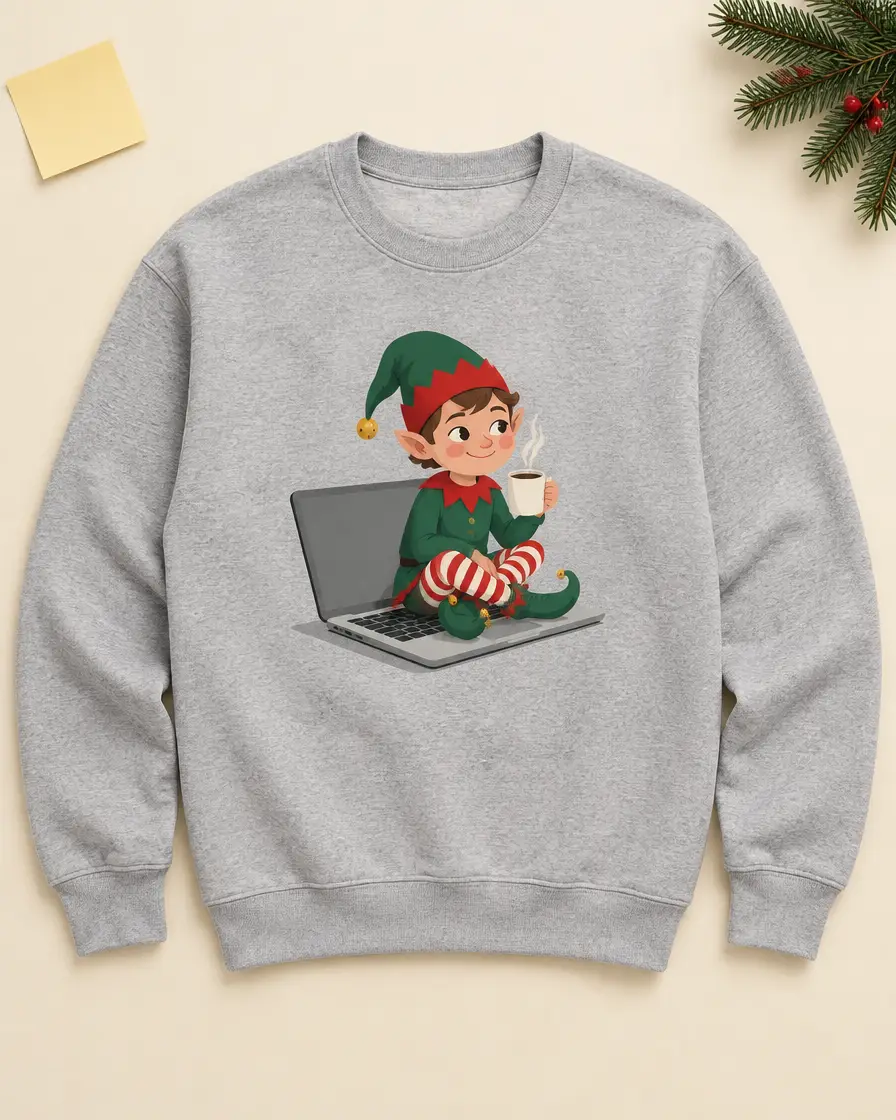Grauer Pullover mit Wichtel auf einem Laptop