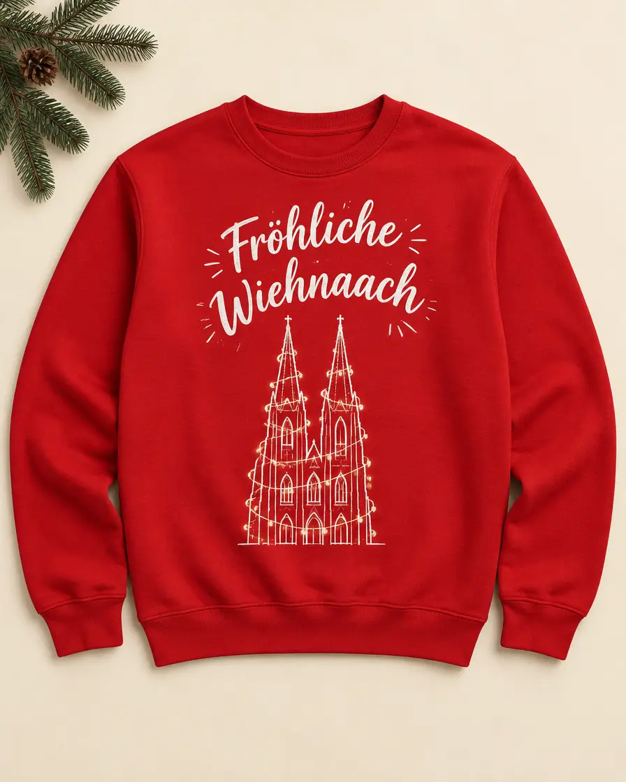 Roter Pullover mit Schriftzug Fröhliche Wiehnaach und Dom-Umriss