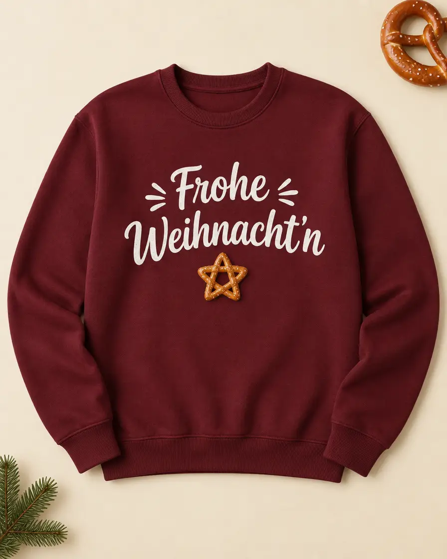 Weinroter Pullover mit Schriftzug Frohe Weihnacht'n und Brezel-Stern