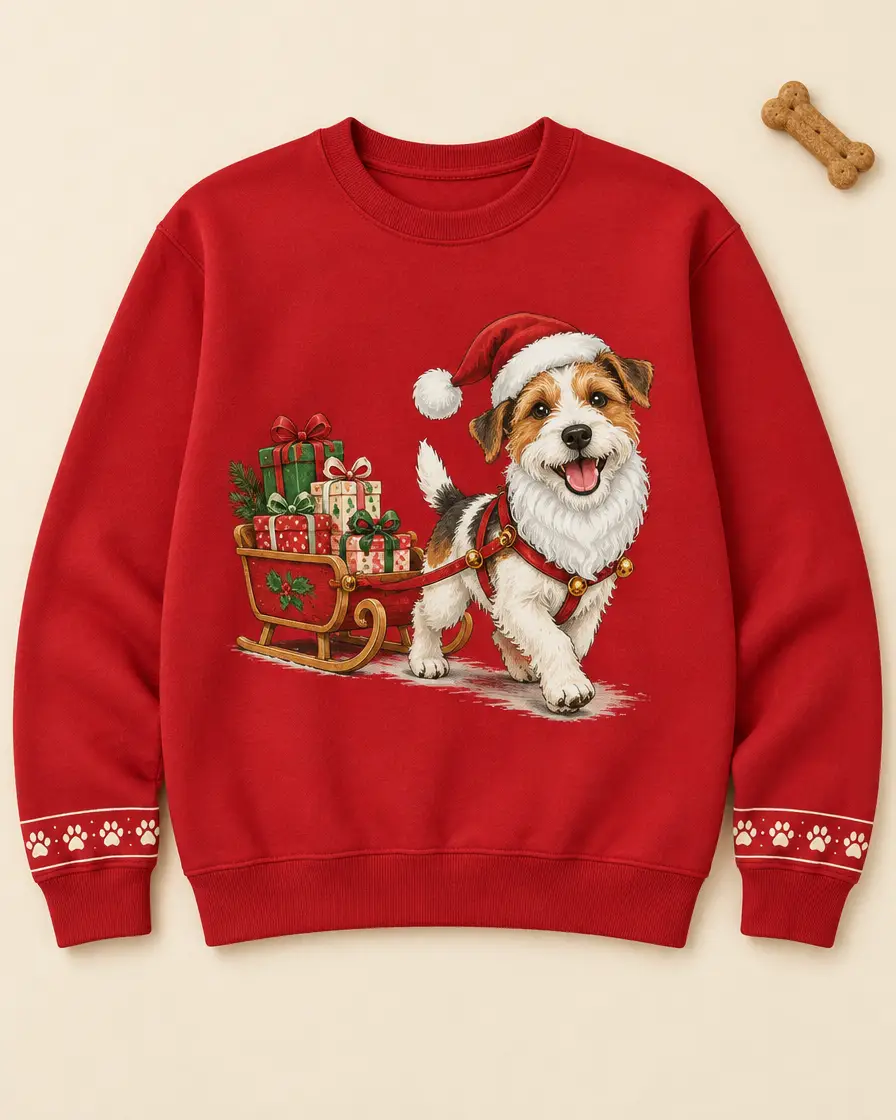 Roter Pullover mit Hund als Weihnachtsmann vor einem Schlitten