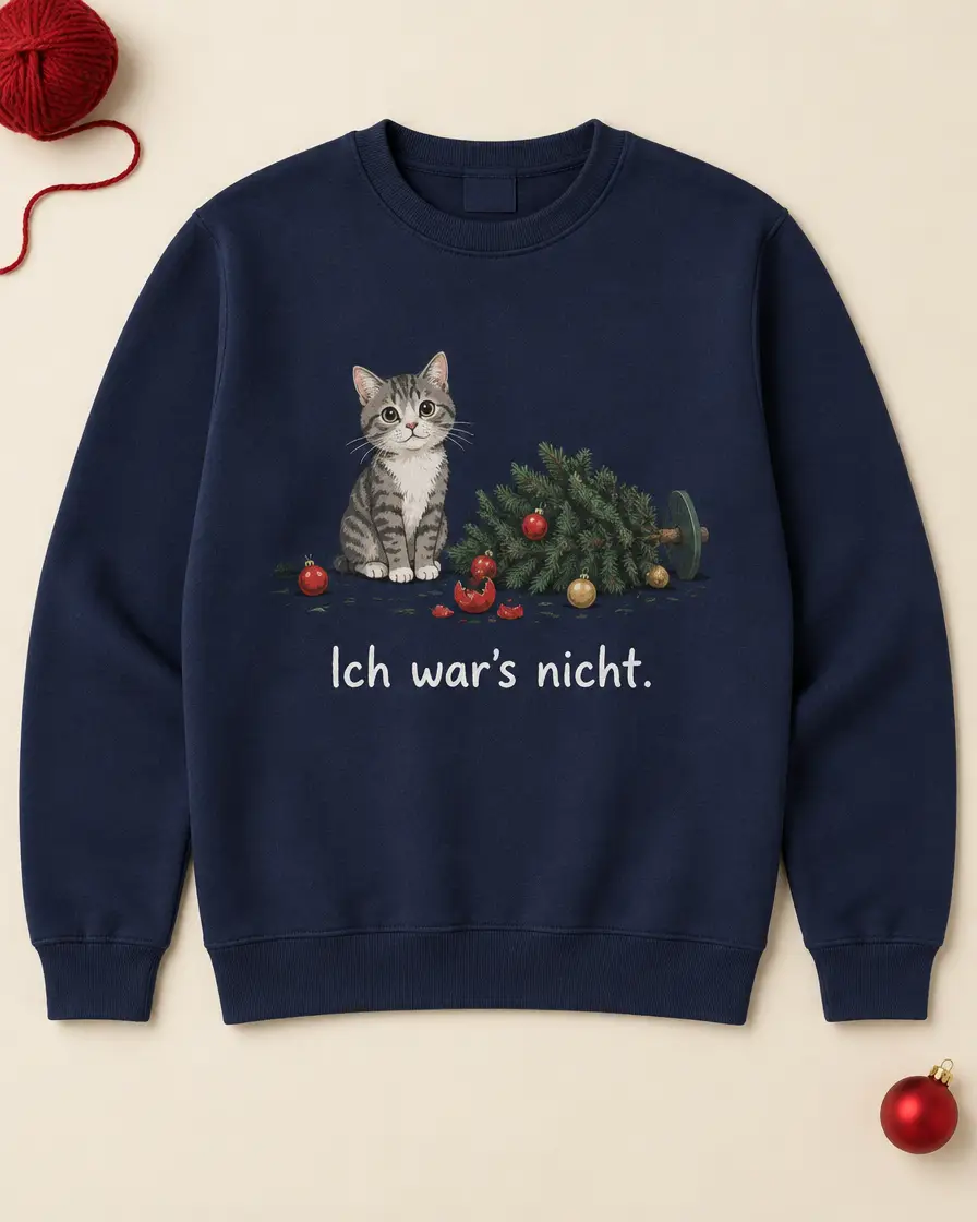 Nachtblauer Pullover mit Katze neben umgekipptem Weihnachtsbaum und Schriftzug Ich war's nicht.
