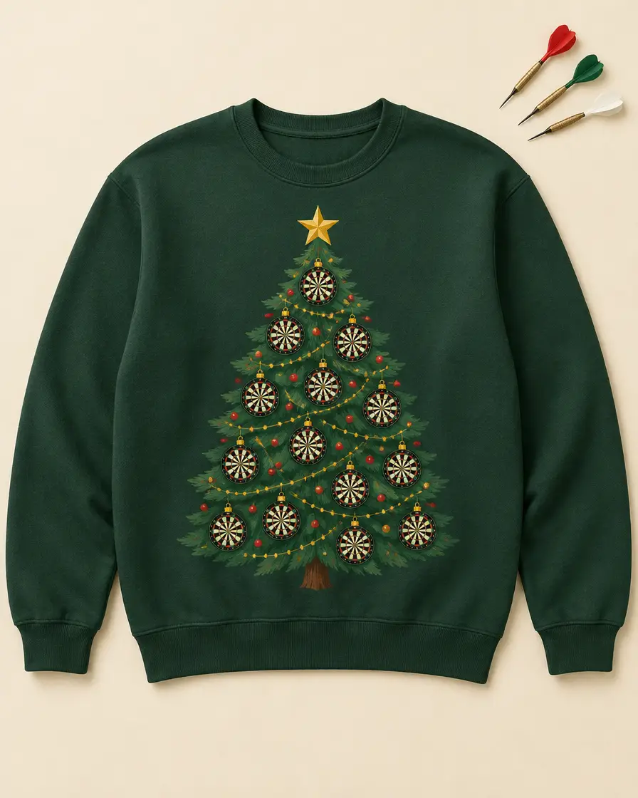 Grüner Pullover mit Weihnachtsbaum voller kleiner Dartscheiben