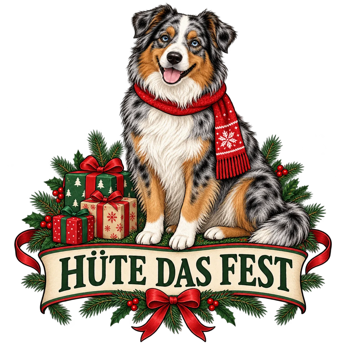 Blue-Merle Australian Shepherd mit rotem Schal und Schriftzug Hüte das Fest