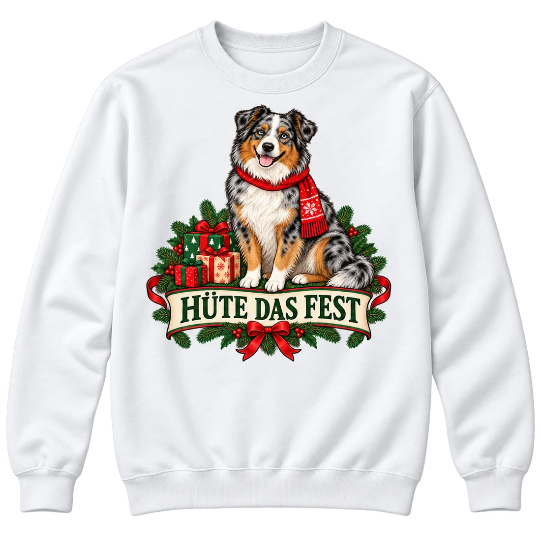 Weißer Unisex-Pullover: Blue-Merle Australian Shepherd mit rotem Schal und Schriftzug Hüte das Fest