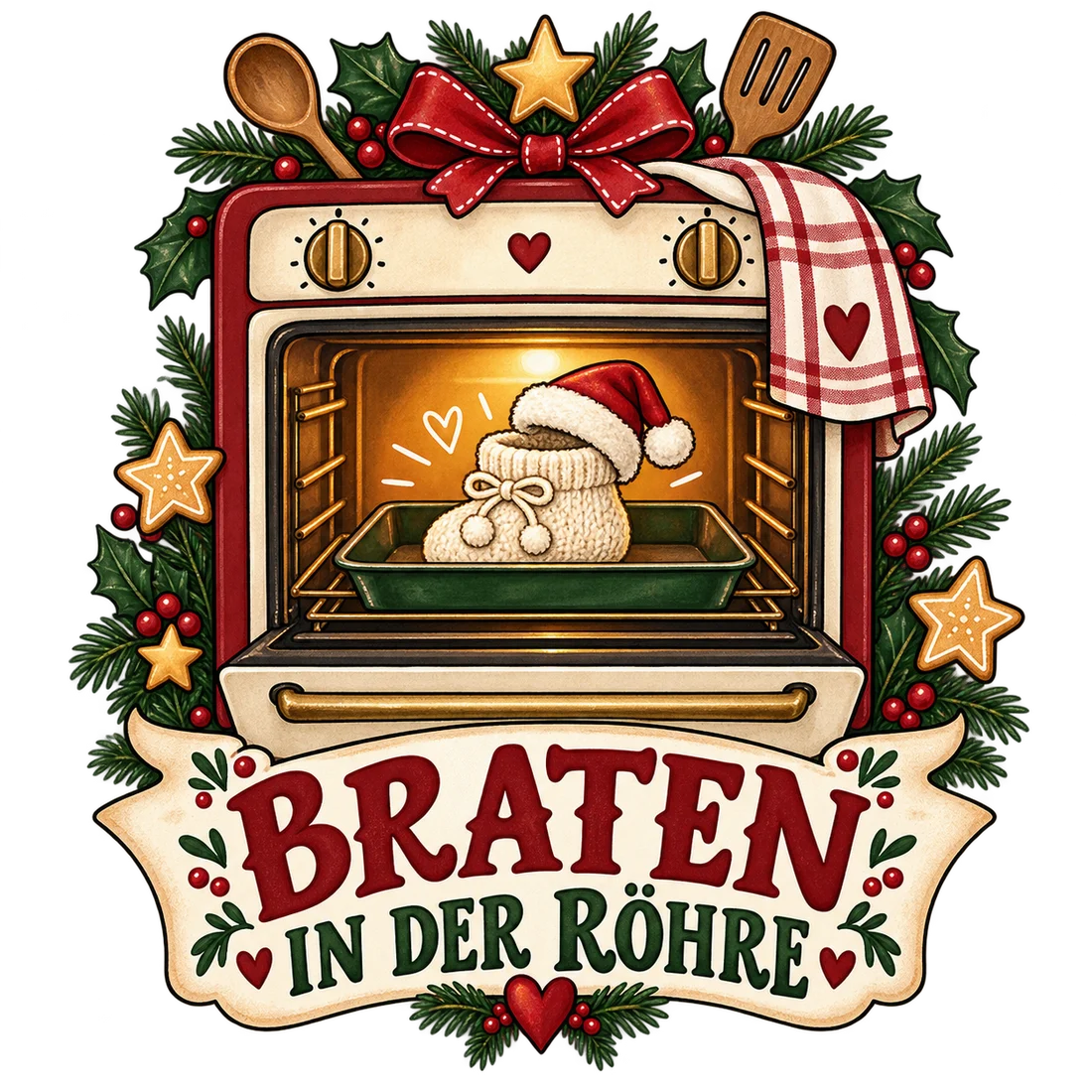 Babyschuh mit Weihnachtsmütze in einem Ofen und Schriftzug Braten in der Röhre