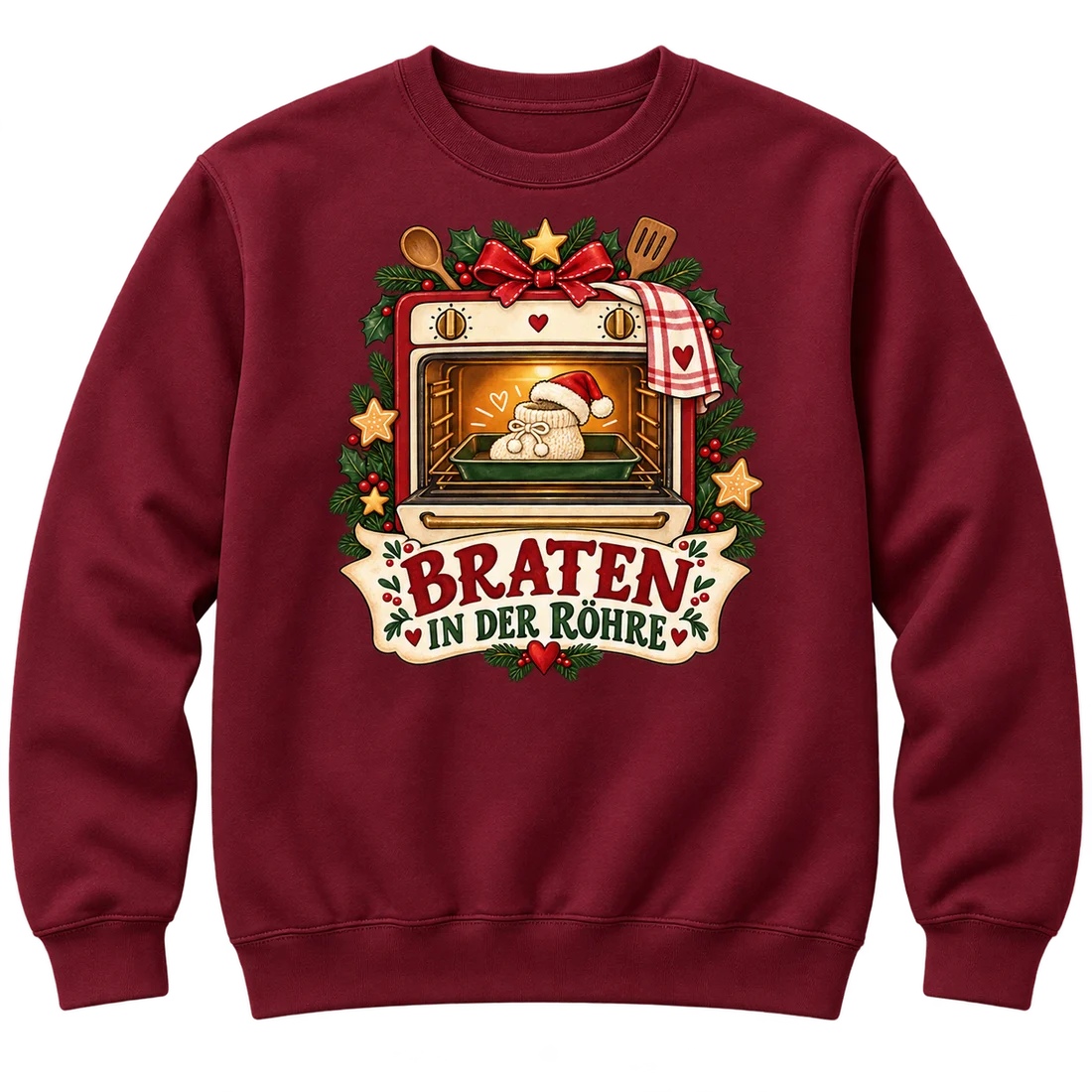 Bordeauxroter Unisex-Pullover: Babyschuh mit Weihnachtsmütze in einem Ofen und Schriftzug Braten in der Röhre