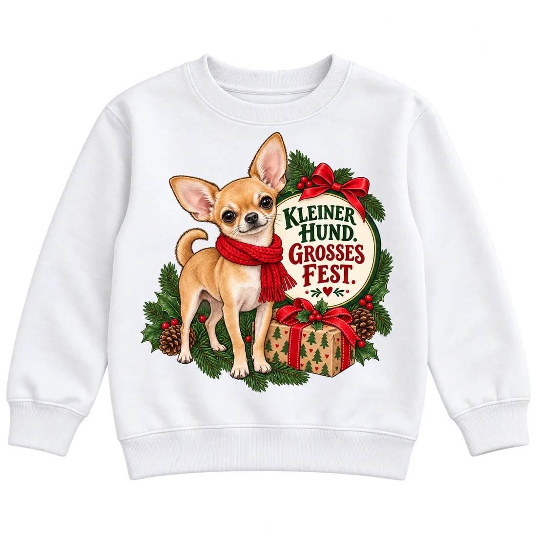 Weißer Kinderpullover: Chihuahua mit rotem Schal und Schriftzug Kleiner Hund. Großes Fest.