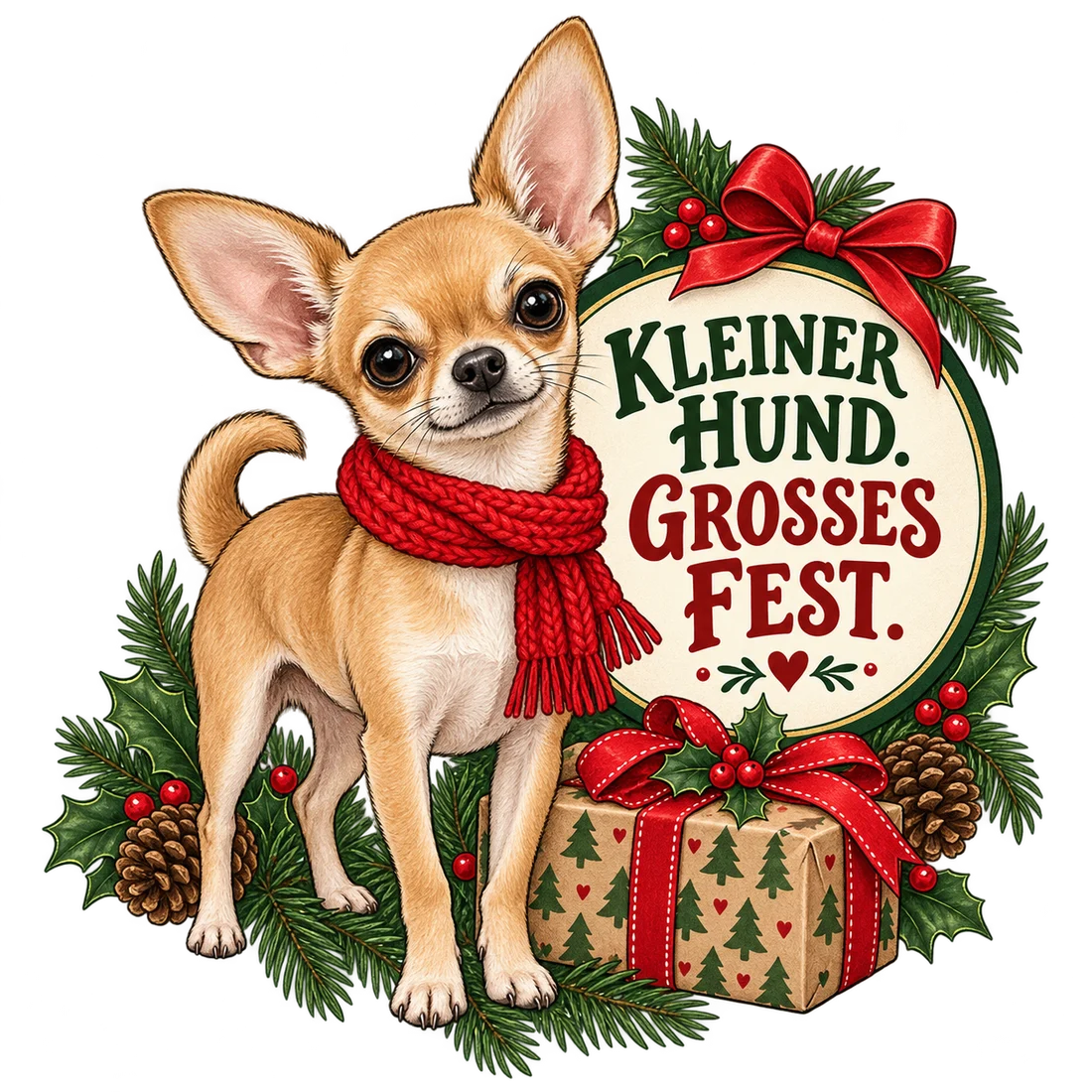 Chihuahua mit rotem Schal und Schriftzug Kleiner Hund. Großes Fest.