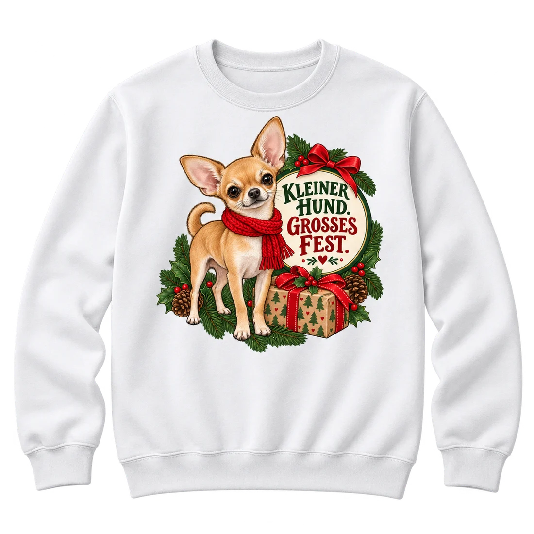 Weißer Unisex-Pullover: Beiger Chihuahua mit rotem Schal und Schriftzug Kleiner Hund. Großes Fest.