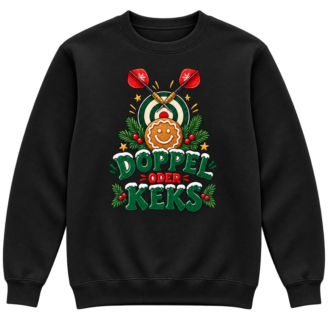 Schwarzer Unisex-Pullover: Zwei gekreuzte Darts, Zielscheibe, Keks und Schriftzug Doppel oder Keks