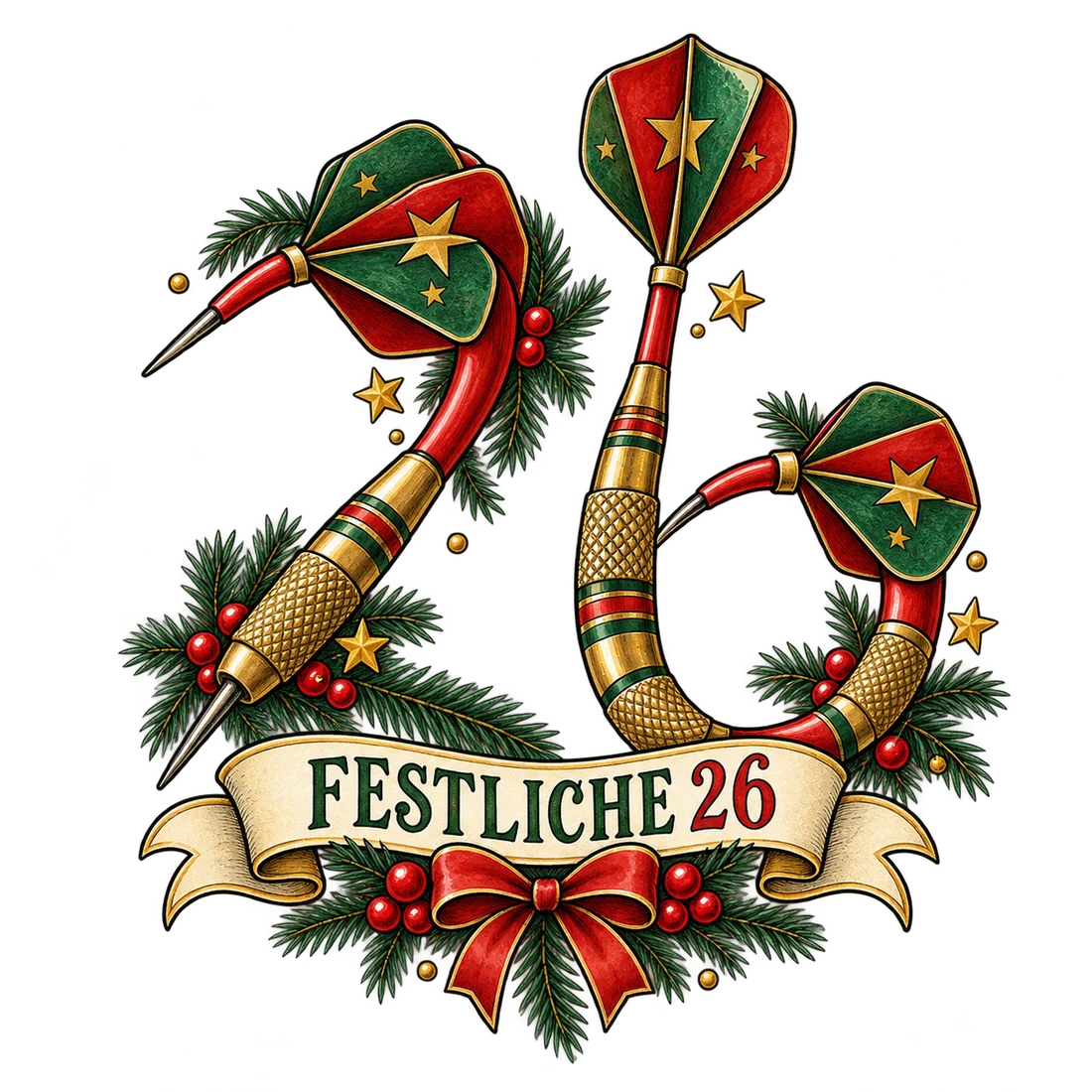 Dartpfeile als Zahl 26 mit Tannenzweigen und Schriftzug Festliche 26