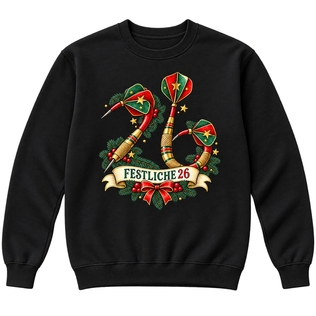 Schwarzer Unisex-Pullover: Dartpfeile als Zahl 26 mit Tannenzweigen und Schriftzug Festliche 26