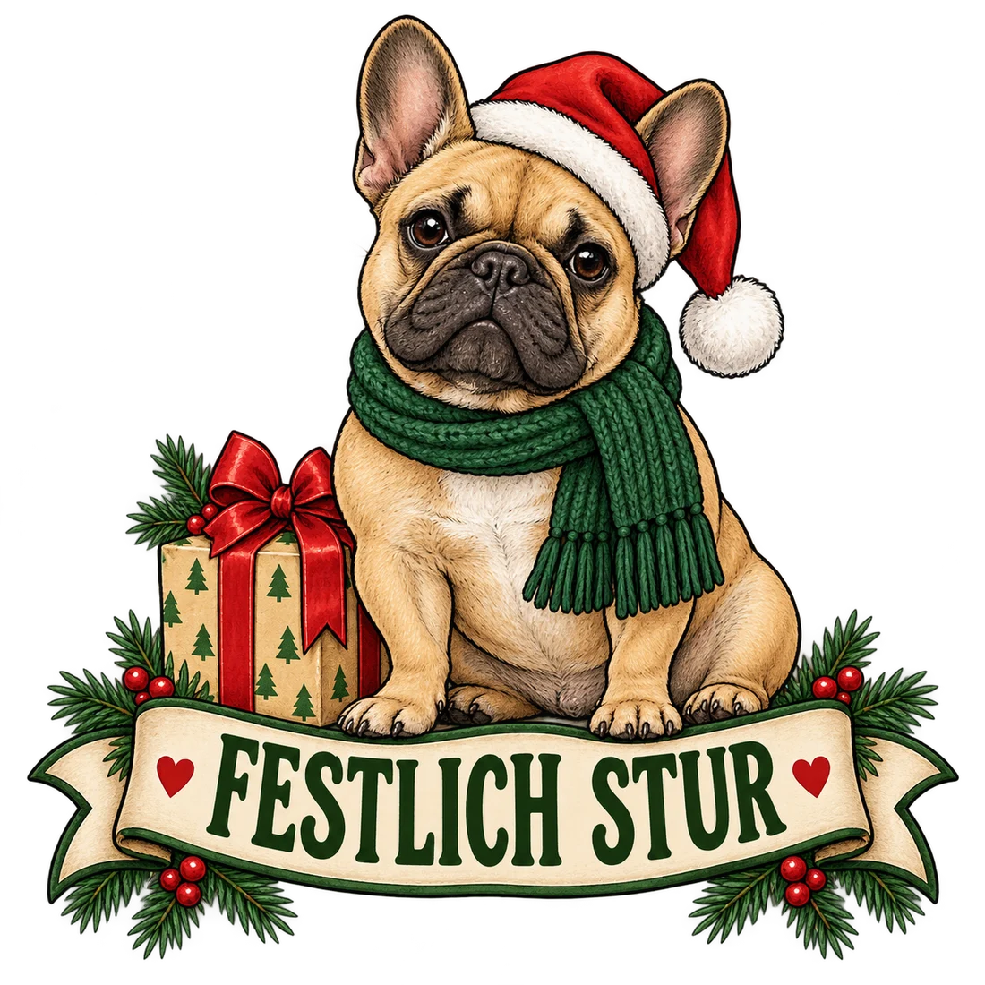 Französische Bulldogge mit Weihnachtsmütze und Schriftzug Festlich stur