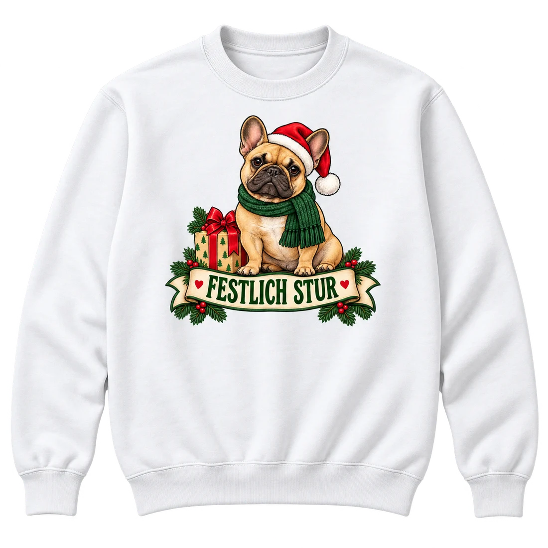 Weißer Unisex-Pullover: Französische Bulldogge mit Weihnachtsmütze und Schriftzug Festlich stur