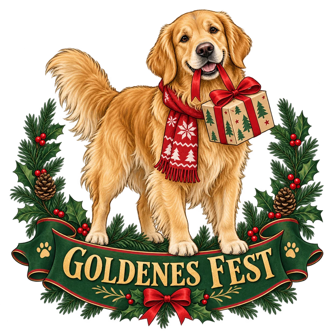 Golden Retriever mit Geschenk und Schriftzug Goldenes Fest