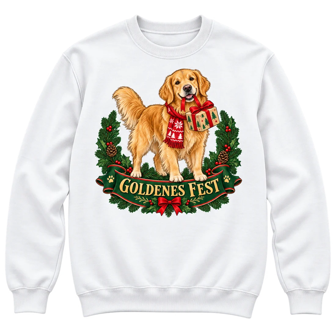 Weißer Unisex-Pullover: Golden Retriever mit Geschenk und Schriftzug Goldenes Fest