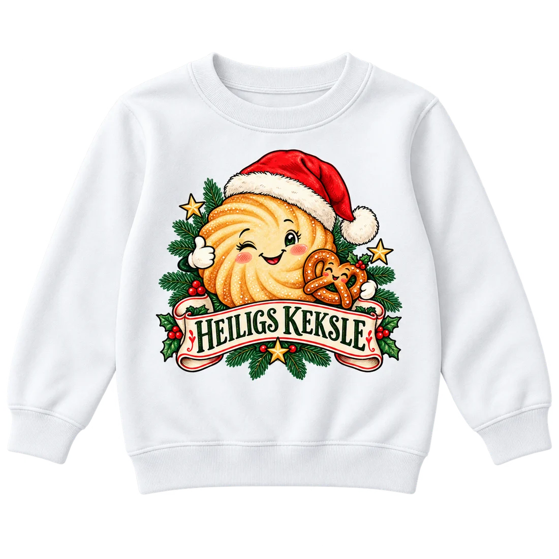Weißer Kinderpullover: Keks mit Weihnachtsmütze und Schriftzug Heiligs Keksle