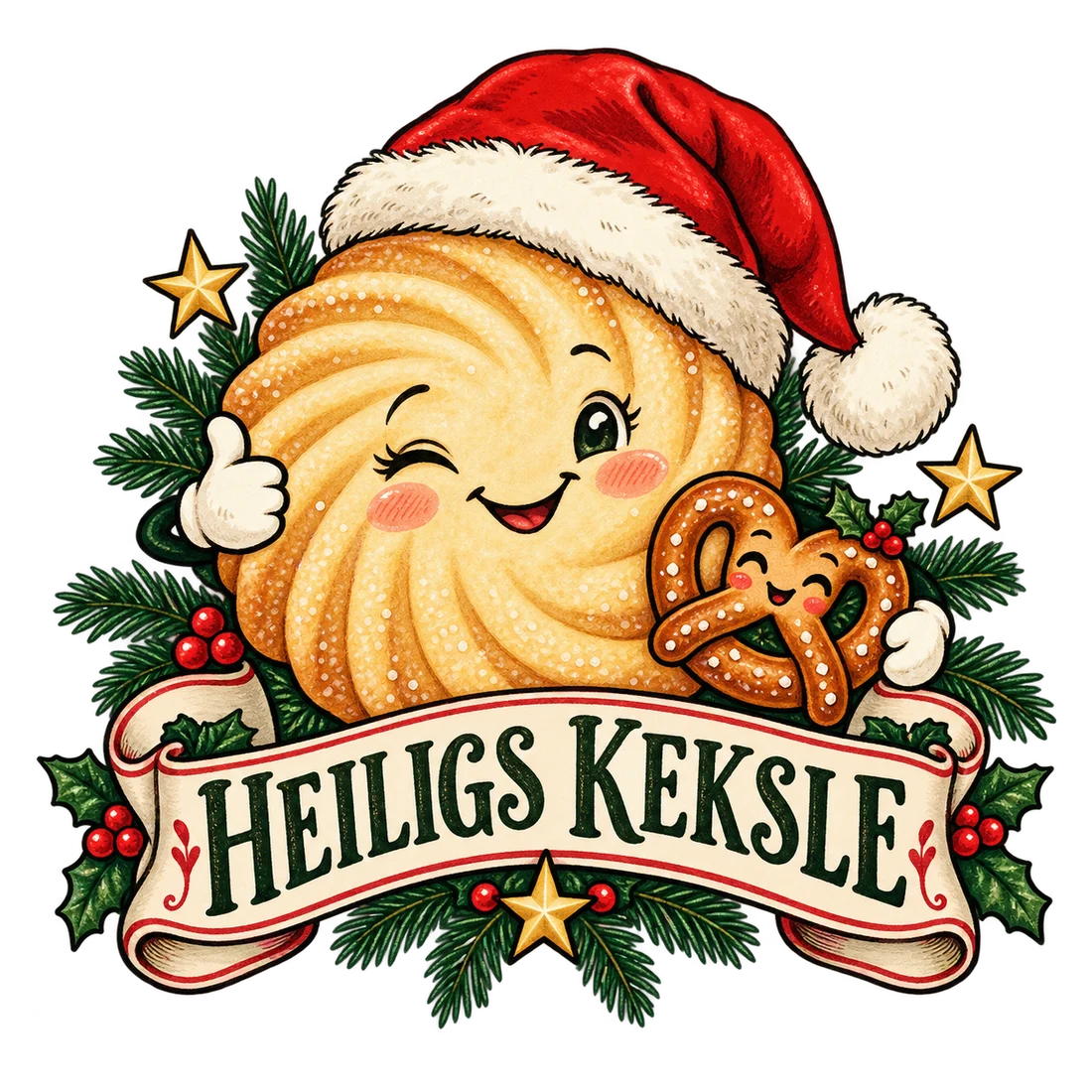 Butterkeks mit roter Weihnachtsmütze, Brezel und Schriftzug Heiligs Keksle