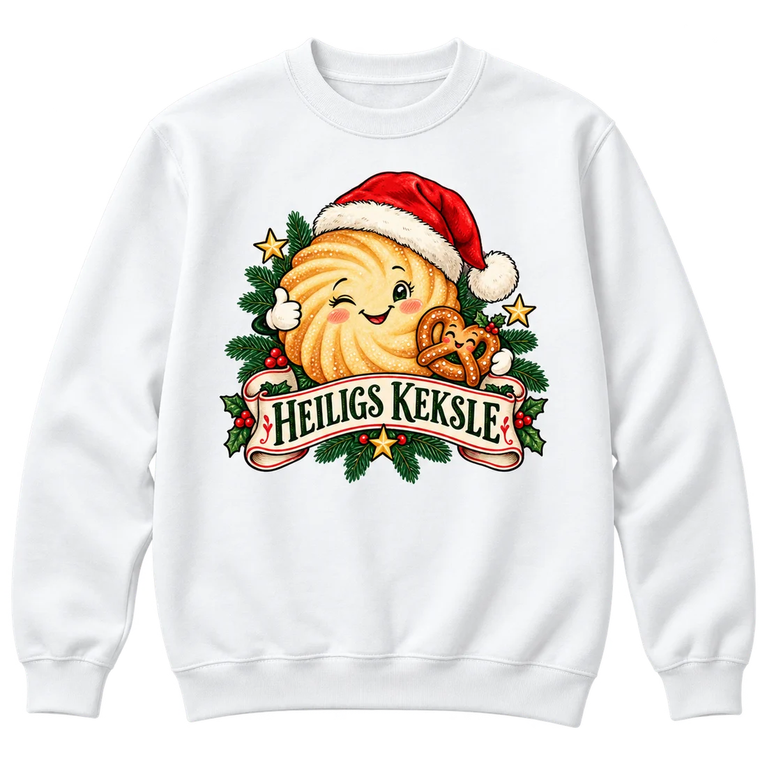 Weißer Unisex-Pullover: Butterkeks mit roter Weihnachtsmütze, Brezel und Schriftzug Heiligs Keksle