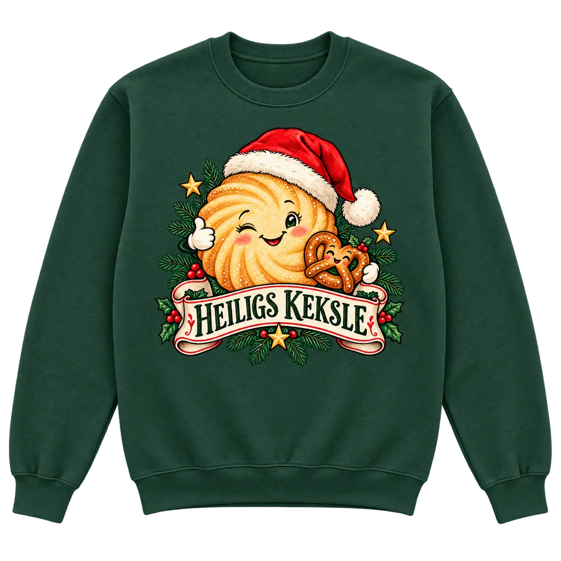 Tannengrüner Unisex-Pullover: Butterkeks mit roter Weihnachtsmütze, Brezel und Schriftzug Heiligs Keksle