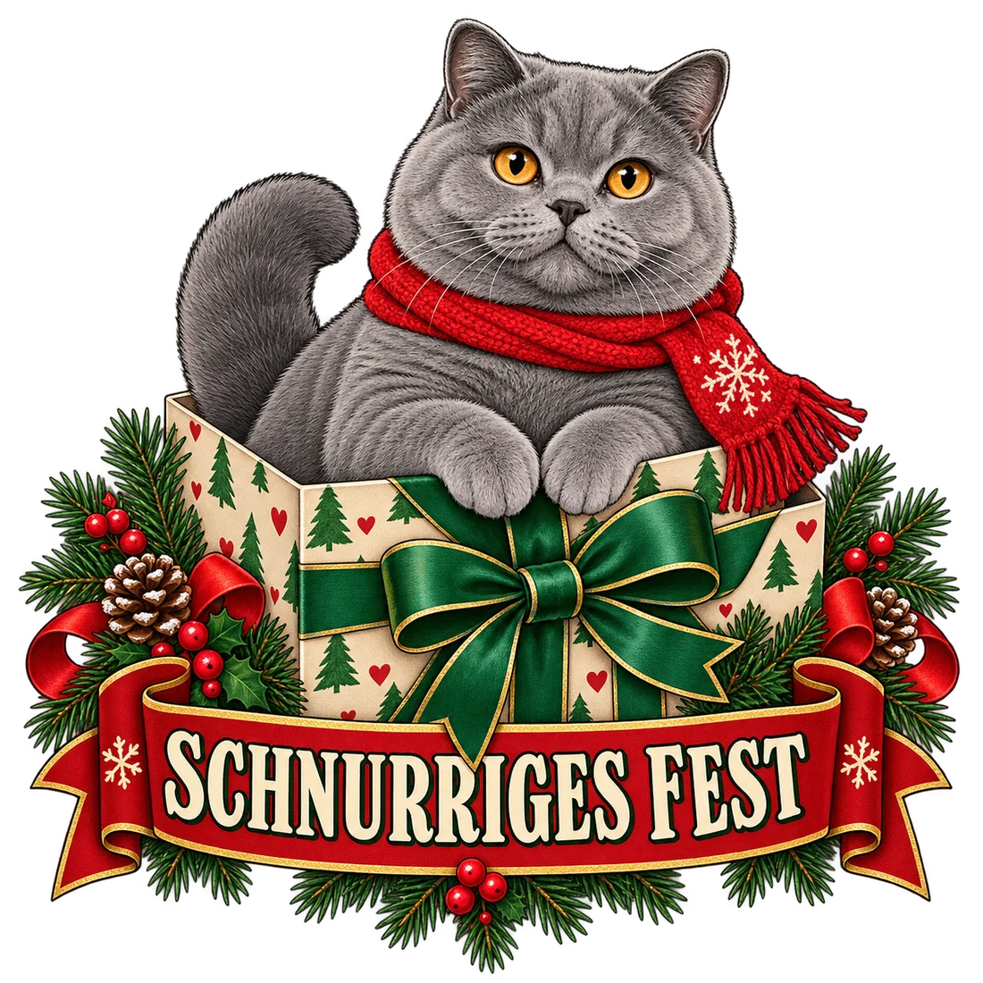 Graue Britisch Kurzhaar in einer Geschenkbox, Schriftzug Schnurriges Fest