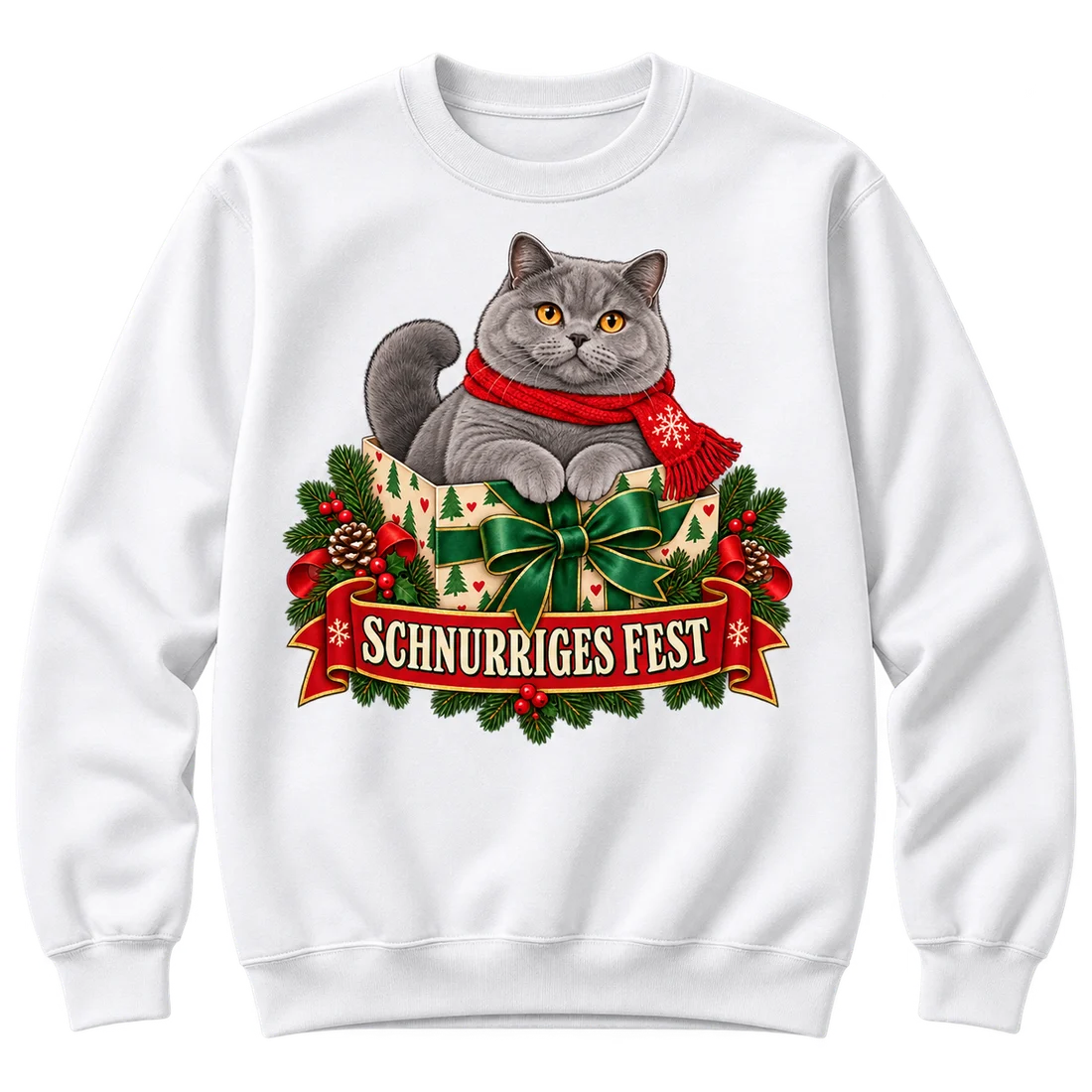 Weißer Unisex-Pullover: Graue Britisch Kurzhaar in einer Geschenkbox, Schriftzug Schnurriges Fest