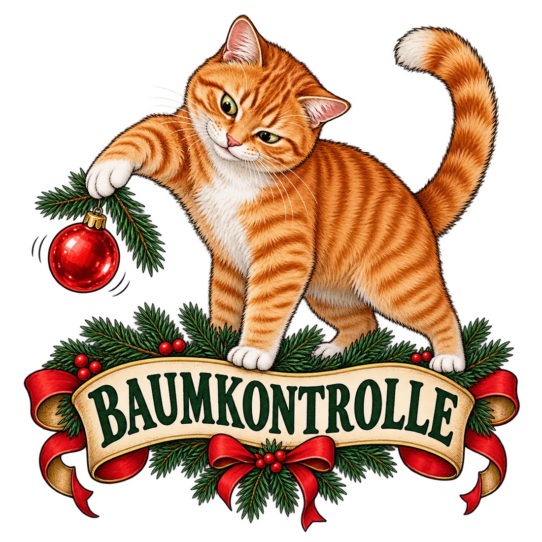 Rot getigerte Katze spielt mit einer Christbaumkugel, Schriftzug Baumkontrolle