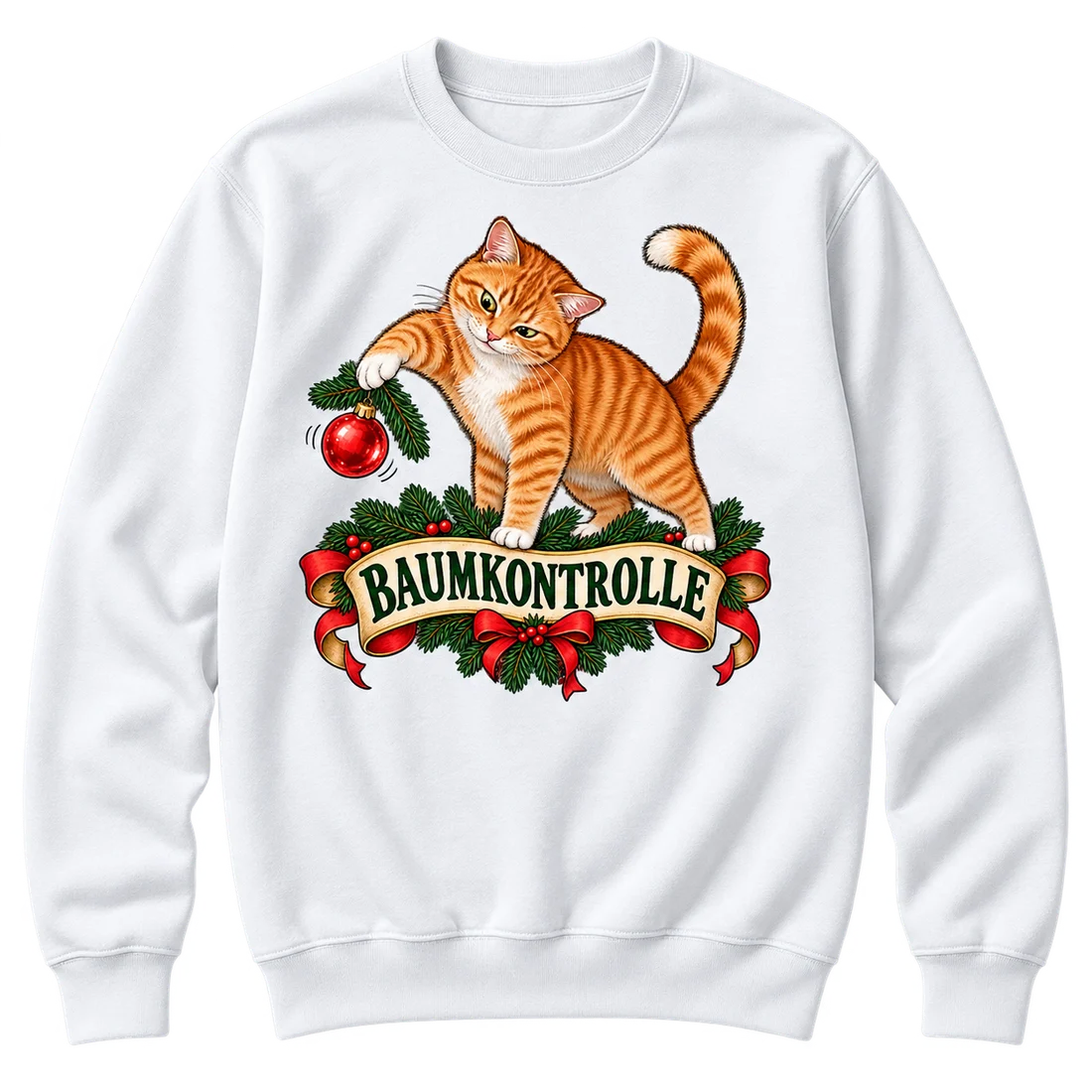 Weißer Unisex-Pullover: Rot getigerte Katze spielt mit einer Christbaumkugel, Schriftzug Baumkontrolle
