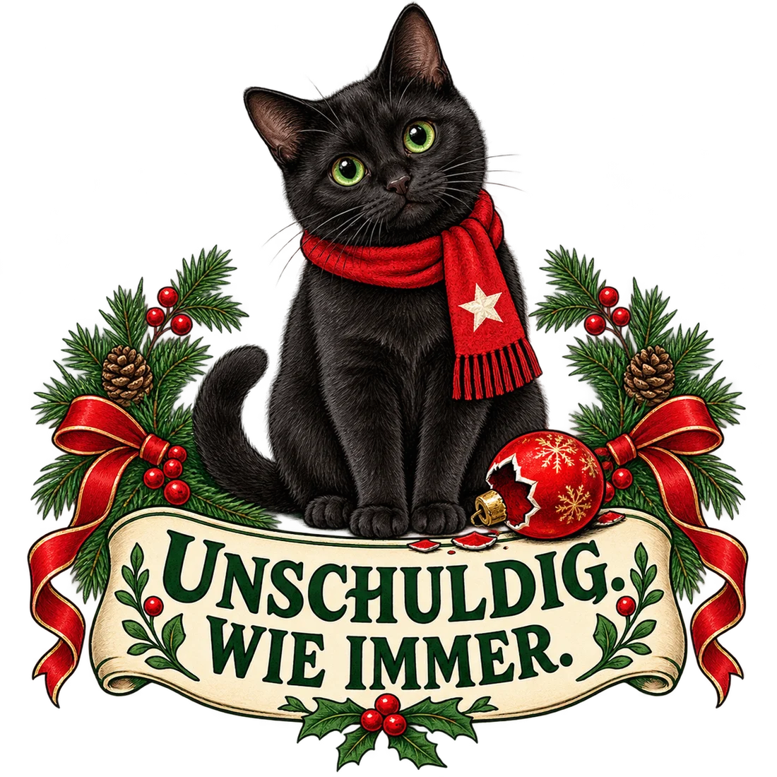 Schwarze Katze neben kaputter Christbaumkugel, Schriftzug Unschuldig. Wie immer.