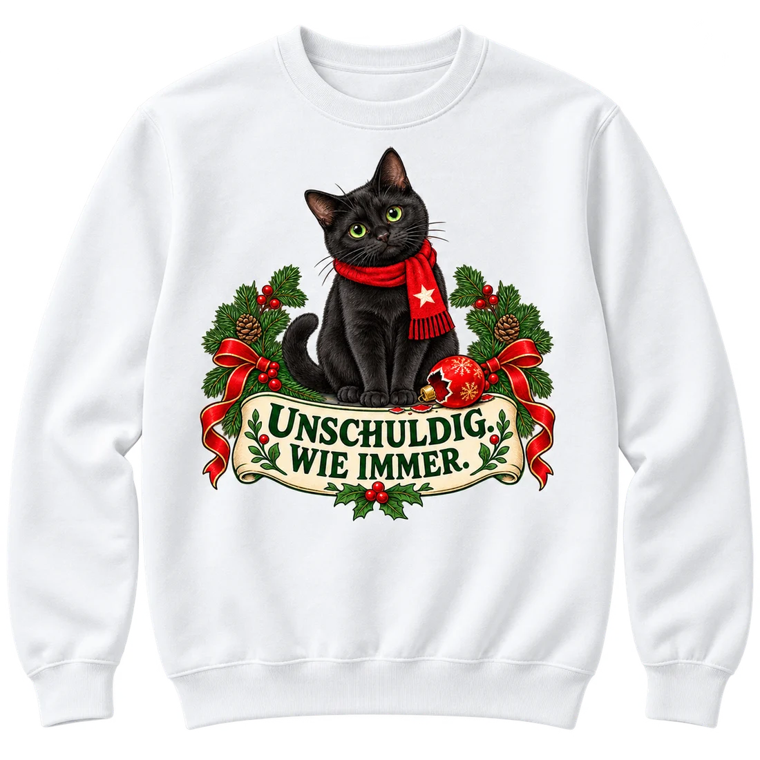 Weißer Unisex-Pullover: Schwarze Katze neben kaputter Christbaumkugel, Schriftzug Unschuldig. Wie immer.